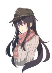 Rule 34 | 10s, 1girl, akatsuki (kancolle), anchor symbol, flat cap, hat, highres, kantai collection, long hair, looking at viewer, plaid, plaid scarf, purple eyes, purple hair, ribbed sweater, scarf, simple background, solo, sweater, tsukamoto minori, upper body, white background