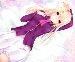 Rule 34 | 1girl, arm up, bed sheet, bilibala, dress shirt, covered erect nipples, fate/stay night, fate (series), flower, frilled skirt, frills, from above, hair between eyes, illyasviel von einzbern, long hair, long sleeves, looking at viewer, lying, medium skirt, on back, parted lips, pink flower, pink neckwear, pink rose, pleated skirt, purple shirt, red eyes, rose, shirt, silver hair, skirt, solo, white skirt