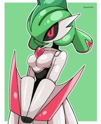 Rule 34 | 1girl, arm blade, artist name, black sclera, black skin, blush, border, breasts, collarbone, colored sclera, colored skin, cowboy shot, creatures (company), domidori, female focus, game freak, gen 3 pokemon, gen 4 pokemon, green background, hair over one eye, humanoid robot, iron valiant, joints, light blush, mohawk, multicolored hair, multicolored skin, nintendo, no mouth, one eye covered, outline, outside border, own hands together, pokemon, pokemon (creature), red eyes, robot, robot girl, robot joints, shiny skin, signature, simple background, small breasts, solo, standing, twintails, two-tone hair, two-tone skin, v arms, weapon, white border, white outline, white skin