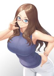Rule 34 | 1girl, absurdres, bare shoulders, blue eyes, blush, breasts, brown hair, fate/grand order, fate (series), forehead, glasses, hand on own hip, highres, large breasts, leonardo da vinci (fate), long hair, looking at viewer, parted bangs, ranma (kamenrideroz), simple background, smile, solo