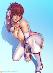 Rule 34 | 1girl, arm guards, blue background, breasts, brown eyes, brown hair, convenient arm, dead or alive, detached sleeves, eyelashes, full body, hair ribbon, highres, kasumi (doa), large breasts, lips, long hair, looking to the side, nikichen, nipples, no bra, nose, nude, on one knee, patreon username, pelvic curtain, pink sash, ponytail, ribbon, sash, shin guards, skindentation, solo, tabi, thighhighs, thighs, watermark, web address, white sleeves, white thighhighs