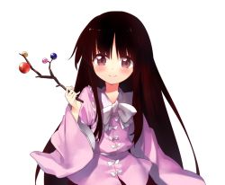 Rule 34 | 1girl, bad id, bad pixiv id, black hair, blush, bow, branch, houraisan kaguya, jeweled branch of hourai, long hair, long sleeves, looking at viewer, sawayaka samehada, shirt, simple background, smile, solo, touhou, upper body, white background, wide sleeves