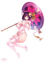 Rule 34 | 1girl, :&gt;, breasts, cleavage, daika (last origin), detached sleeves, earrings, finger to mouth, flower, full body, garter belt, garter straps, hair flower, hair ornament, high heels, highres, jewelry, large breasts, last origin, lingerie, looking at viewer, md5 mismatch, parasol, purple hair, red eyes, short hair, simple background, smile, solo, thighhighs, toriseru (rare stone), umbrella, underwear, white background, white thighhighs