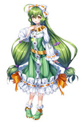Rule 34 | 1girl, :d, ahoge, bow, choker, dress, dress bow, flower knight girl, frilled dress, frills, full body, green dress, green footwear, green hair, hair between eyes, hair bow, highres, leaf lsd, long hair, looking at viewer, low-tied long hair, mint (flower knight girl), open mouth, orange bow, shoes, smile, solo, standing, thick eyebrows, twintails, white bow, white neckwear, yellow eyes