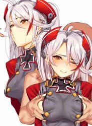 Rule 34 | 1boy, 1girl, antenna hair, azur lane, bad id, bad twitter id, blush, grabbing another&#039;s breast, breasts, commentary request, covered erect nipples, cross, grabbing, grabbing from behind, head tilt, headgear, highres, hiyashi mirano, iron cross, large breasts, long hair, long sleeves, military, military uniform, mole, mole on breast, multicolored hair, multiple views, one eye closed, orange eyes, prinz eugen (azur lane), red hair, saliva, saliva trail, silver hair, simple background, solo focus, streaked hair, sweat, two side up, uniform, white background