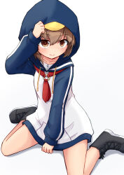 Rule 34 | 1girl, alternate costume, animal hood, black footwear, blue sailor collar, boots, brown eyes, brown hair, cross-laced footwear, dress, hood, kakizaki (chou neji), kantai collection, lace-up boots, lifebuoy ornament, looking at viewer, neckerchief, penguin hood, red neckerchief, sailor collar, sailor dress, short hair, simple background, sitting, solo, wariza, white background, white dress, yukikaze (kancolle)