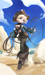 Rule 34 | 1girl, :o, animal, blonde hair, blue eyes, blue sky, boots, breasts, cleavage cutout, clothing cutout, cloud, cloudy sky, cowboy hat, desert, dust, full body, goldcloud, hat, highres, jacket, looking at viewer, medium breasts, navel, original, pants, rope, sand, sheriff, sky