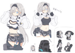 Rule 34 | 1girl, 1other, ?, ambiguous gender, animal ears, arknights, aurora (arknights), aurora (elite ii) (arknights), bear ears, bear girl, black bra, black hairband, black pants, blue eyes, bra, breasts, carrying, cleavage, cleavage cutout, clothing cutout, cropped jacket, cropped legs, doctor (arknights), extra ears, eyes visible through hair, grey hair, hair over one eye, hairband, hands up, jacket, long hair, looking at viewer, medium breasts, midriff, multiple views, pants, piggyback, satou kibi, simple background, smile, split mouth, thigh cutout, underwear, very long hair, white background, white jacket