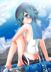 Rule 34 | 1girl, arm support, armpits, ass, bare shoulders, barefoot, blue eyes, blue hair, blue one-piece swimsuit, blue sailor collar, blue sky, blurry, blush, breasts, bright pupils, butt crack, closed mouth, clothes pull, cloud, cloudy sky, covered erect nipples, creatures (company), day, depth of field, dive ball, dutch angle, fishing rod, flipped hair, from side, game freak, gen 7 pokemon, great ball, hair between eyes, hairband, happy, head tilt, hexagon, hugging own legs, knees up, lana (pokemon), legs, lens flare, light smile, looking at another, looking at viewer, looking back, looking up, lure ball, matching hair/eyes, mountain, nintendo, no bra, one-piece swimsuit, one-piece swimsuit pull, outdoors, poke ball, pokemon, pokemon (creature), pokemon sm, popplio, sailor collar, school swimsuit, shirosuzu, shirt, short hair, sideboob, sitting, sky, sleeveless, sleeveless shirt, small breasts, smile, swimsuit, water, wet, wet hair, white shirt