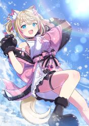Rule 34 | 1girl, animal ear fluff, animal ears, animal hands, black collar, blonde hair, blue eyes, blue sky, collar, dog ears, dog girl, dog paws, dog tail, fang, floral print kimono, flower, hair flower, hair ornament, highres, hololive, hololive english, japanese clothes, kimono, mococo abyssgard, mococo abyssgard (new year), multicolored hair, official alternate costume, open mouth, pink hair, pink kimono, redpepperoni00, short hair, short kimono, skin fang, sky, sleeveless, sleeveless kimono, smile, solo, spiked collar, spikes, streaked hair, tail, thigh strap, twintails, virtual youtuber