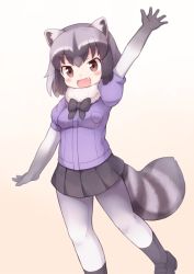 Rule 34 | 10s, 1girl, :d, animal ears, arm up, black bow, black bowtie, black footwear, black gloves, black hair, black pantyhose, black skirt, blush, bow, bowtie, breast pocket, brown eyes, common raccoon (kemono friends), fang, fur collar, gloves, gradient background, grey hair, kemono friends, looking at viewer, matsuu (akiomoi), miniskirt, multicolored hair, open mouth, pantyhose, pleated skirt, pocket, raccoon ears, raccoon tail, short sleeves, skirt, smile, solo, tail, white pantyhose