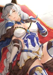 Rule 34 | 10s, 1girl, animal ears, armor, black gloves, blue thighhighs, boots, braid, cloak, elbow gloves, erune, gloves, granblue fantasy, hair between eyes, hand on own chest, heles, highres, light smile, long hair, looking at viewer, lying, on back, panties, pantyshot, pauldrons, shade, shoulder armor, silver hair, single braid, solo, terry (pixiv3274443), thigh boots, thighhighs, thighs, underwear, very long hair, wavy hair, white panties, yellow eyes