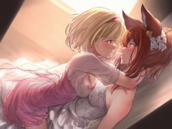 Rule 34 | 2girls, animal ears, anthuria, arms around neck, blonde hair, blush, breast press, breasts, closed mouth, commentary request, djeeta (granblue fantasy), dress, erune, eye contact, fighter (granblue fantasy), granblue fantasy, hairband, highres, long hair, looking at another, medium breasts, multiple girls, off-shoulder dress, off shoulder, pink dress, ponytail, red eyes, red hair, sassakntm, short hair, short sleeves, sitting, sitting on person, smile, symmetrical docking, white dress, yuri