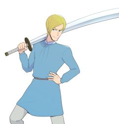 Rule 34 | 1boy, aboutama, alternate hairstyle, blonde hair, blue eyes, domas, feet out of frame, hand on own hip, long sword, male focus, ousama ranking, over shoulder, short hair, smile, solo, sword, sword over shoulder, thick eyebrows, weapon, weapon over shoulder, white background