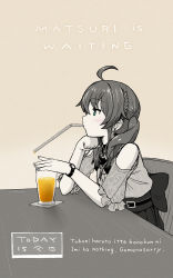 Rule 34 | ahoge, ashiga oreta, braid, clothing cutout, cup, drinking glass, drinking straw, french braid, from side, highres, hololive, limited palette, medium hair, natsuiro matsuri, natsuiro matsuri (casual), partially colored, romaji text, short sleeves, shoulder cutout, sitting, solo, twintails, virtual youtuber