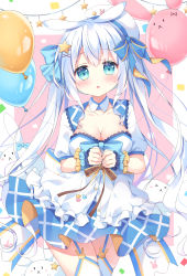 Rule 34 | &gt; &lt;, 1girl, :o, animal, animal ears, balloon, beret, blue bow, blue eyes, blue skirt, blush, bow, breasts, cleavage, commentary request, garter straps, hair between eyes, hair bow, hair ornament, hairclip, hat, highres, long hair, looking at viewer, medium breasts, original, parted lips, pink background, pleated skirt, puffy short sleeves, puffy sleeves, rabbit, rabbit ears, satsuki yukimi, shirt, short sleeves, skirt, solo, star (symbol), star hair ornament, thighhighs, tilted headwear, twintails, two-tone background, very long hair, white background, white hair, white hat, white shirt, white thighhighs, wrist cuffs, x hair ornament