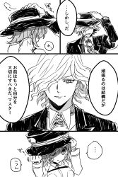 Rule 34 | bandaid, comic, edmond dantes (fate), edmond dantes (first ascension) (fate), facing viewer, fate (series), formal, fujimaru ritsuka (female), greyscale, hair over one eye, hat, highres, kyouna, monochrome, necktie, suit