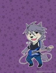 1boy absurdres animal_ear_fluff animal_ears armband black_tank_top blue_pants blush chalse31 chibi chibi_only commentary dated dog_boy dog_ears dog_nose dog_tags dog_tail english_commentary english_text furry furry_male grey_fur grey_hair guitar highres holding holding_guitar holding_instrument holding_plectrum instrument jewelry kouya_aotsuki looking_at_viewer morenatsu necklace open_mouth pants pixiv_username plectrum purple_background smile star_(symbol) tail tank_top torn_clothes torn_pants twitter_username wristband