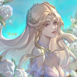 Rule 34 | 1girl, absurdres, artist request, bare shoulders, blonde hair, blue background, blue eyes, closed mouth, detached collar, detached sleeves, douluo dalu, dress, expressionless, floating hair, flower, from side, hair ornament, highres, long hair, qian renxue (douluo dalu), second-party source, solo, upper body, white dress