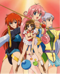 Rule 34 | 1990s (style), 4girls, ball, black gloves, blue eyes, bracelet, brown hair, elbow gloves, gloves, highres, holding, holding another&#039;s arm, holding rod, holding sword, holding weapon, jewelry, juliana (megami paradise), leotard, lilith (megami paradise), long hair, megami paradise, multiple girls, official art, open mouth, outstretched arm, panties, pantyshot, pink hair, red hair, retro artstyle, rurubell, short hair, silver hair, skirt, stashia, sword, thighhighs, underwear, weapon, white panties, white skirt, yoshizane akihiro