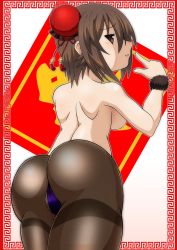 Rule 34 | 1girl, ass, black pantyhose, blush, breasts, brown eyes, brown hair, girls und panzer, looking at viewer, looking back, nishizumi maho, no bra, panties, panties under pantyhose, pantyhose, purple panties, short hair, solo, topless, underwear