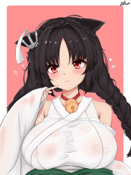 Rule 34 | 1girl, :3, absurdres, anchor hair ornament, animal ears, azur lane, bad id, bad pixiv id, bare shoulders, bell, black hair, blush, braid, breasts, cat ears, closed mouth, collar, commentary request, hair ornament, heart, highres, japanese clothes, jingle bell, kirim (kihun4070), large breasts, long hair, long sleeves, looking at viewer, neck bell, ooshio (azur lane), red collar, red eyes, see-through, shiny skin, signature, smile, solo, twin braids, wet, wet clothes, wide sleeves