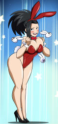 Rule 34 | 10s, 1girl, animal ears, bare legs, bare shoulders, black eyes, black hair, blush, boku no hero academia, breasts, cleavage, curvy, eyelashes, fake animal ears, fake tail, feet, female focus, grimphantom, high heels, highleg, highleg leotard, highres, large breasts, leaning forward, leotard, long hair, looking at viewer, open mouth, playboy bunny, ponytail, rabbit ears, shadow, shiny skin, solo, standing, tail, thick thighs, thighs, thong, wide hips, yaoyorozu momo