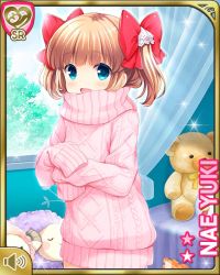 Rule 34 | 1girl, blue eyes, bow, brown hair, character name, girlfriend (kari), hair bow, indoors, long hair, no pants, official art, open mouth, own hands together, pink sweater, qp:flapper, ribbon, sleeves past wrists, smile, solo, stuffed animal, stuffed toy, sweater, teddy bear, turtleneck, turtleneck sweater, two side up, window, yuuki nae