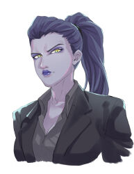 Rule 34 | 1girl, black hair, breasts, cleavage, colored skin, commentary request, cropped torso, formal, high ponytail, highres, jacket, large breasts, overwatch, ponytail, portrait, purple lips, purple skin, shirokuro ookami, solo, suit, suit jacket, widowmaker (overwatch), yellow eyes