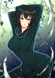 Rule 34 | 1girl, absurdres, black hair, bob cut, breasts, dress, fubuki (one-punch man), green dress, green eyes, highres, impossible clothes, jewelry, large breasts, looking at viewer, mishima-maki, necklace, one-punch man, solo, taut clothes, taut dress, telekinesis