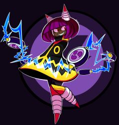 Rule 34 | 1girl, artist name, black cape, blunt bangs, bob cut, cape, commentary, dark-skinned female, dark skin, dynatron (mighty no. 9), electricity, floating, floating object, full body, grin, highres, horns, joints, lightning bolt symbol, looking to the side, mighty no. 9, mitsudomoe (shape), mogy64, no feet, purple background, purple hair, red eyes, robot, robot girl, robot joints, sharp teeth, short hair, simple background, smile, solo, teeth, tomoe (symbol), two-tone cape, very dark skin, yellow cape