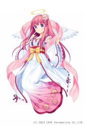 Rule 34 | 1girl, angel wings, blunt bangs, blush, breasts, closed mouth, detached sleeves, dress, feathered wings, finger to cheek, flower, full body, gothic wa mahou otome, gradient clothes, gradient dress, hair flower, hair ornament, halo, hands up, highres, jenevan, long dress, long hair, long sleeves, looking at viewer, medium breasts, official art, pink dress, pink hair, purple eyes, ribbon, sash, simple background, solo, watermark, white background, white dress, white wings, wide sleeves, wings, yellow ribbon