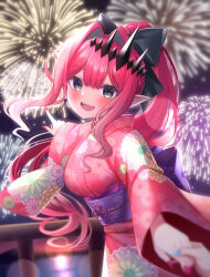 1girl baobhan_sith_(fate) blue_nails blush breasts earrings fangs fate/grand_order fate_(series) fireworks grey_eyes hair_ornament hair_ribbon highres hoshino_reiji japanese_clothes jewelry kimono long_hair looking_at_viewer obi open_mouth pink_hair pink_kimono pink_nails pointing pointy_ears ponytail ribbon sash sidelocks smile solo_focus wide_sleeves