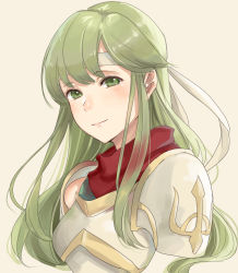 Rule 34 | 1girl, armor, breastplate, fire emblem, fire emblem: mystery of the emblem, fire emblem: shadow dragon, fire emblem echoes: shadows of valentia, fire emblem gaiden, green eyes, green hair, haru (nakajou-28), headband, highres, lips, long hair, looking at viewer, nintendo, palla (fire emblem), simple background, smile, solo, turtleneck, upper body, white background
