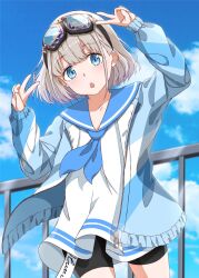 Rule 34 | 1girl, bike shorts, blue eyes, blue jacket, blue neckerchief, blue sailor collar, blue sky, blush, breasts, chestnut mouth, collarbone, cowboy shot, day, double v, fence, glint, goggles, goggles on head, grey hair, hands up, highres, idolmaster, idolmaster shiny colors, jacket, long sleeves, looking at viewer, momorappu, neckerchief, open clothes, open jacket, outdoors, sailor collar, serizawa asahi, shirt, short hair, sky, small breasts, solo, standing, striped clothes, striped jacket, teeth, upper teeth only, v, white shirt, zipper, zipper pull tab