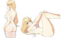 Rule 34 | 1girl, ass, bad id, bad pixiv id, blonde hair, blush, bra, breasts, clothes pull, cowboy shot, from behind, goumudan, hair over shoulder, hands on own knees, highres, long hair, looking at viewer, looking back, lying, medium breasts, multiple views, mythra (xenoblade), nintendo, on back, panties, pantyhose, pantyhose pull, profile, sidelocks, simple background, swept bangs, underwear, underwear only, very long hair, white background, white bra, white panties, white pantyhose, xenoblade chronicles (series), xenoblade chronicles 2, yellow eyes
