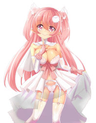 Rule 34 | 1girl, bare shoulders, blush, breasts, cleavage, clothes lift, detached sleeves, dress, dress lift, finger to face, garter belt, garter straps, gloves, highres, large breasts, lifting own clothes, long hair, looking at viewer, navel, original, panties, pink eyes, pink gloves, pink hair, pointy ears, showgirl skirt, simple background, smile, solo, thighhighs, two side up, underwear, unname, very long hair, white background, white dress, white panties, white thighhighs