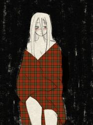 Rule 34 | 1girl, bare shoulders, black background, coat, commentary, english commentary, highres, long hair, looking to the side, nubesroom, original, plaid, plaid coat, red coat, solo, standing, unmoving pattern