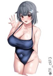 Rule 34 | 1girl, black hair, blue one-piece swimsuit, blush, breasts, casual one-piece swimsuit, cleavage, cowboy shot, hair flaps, hair ornament, hairclip, highres, jingei (kancolle), kantai collection, large breasts, long hair, one-piece swimsuit, open mouth, red eyes, salute, smile, solo, swimsuit, tf cafe, twitter username, white background