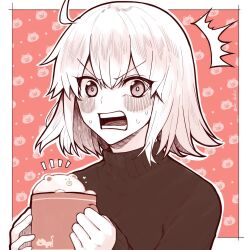 Rule 34 | 1girl, ahoge, alternate costume, aruti, black sweater, blush, border, commentary, cup, fate/grand order, fate (series), hair between eyes, highres, holding, holding cup, jeanne d&#039;arc alter (fate), long sleeves, looking at viewer, mug, open mouth, outside border, short hair, sleeves past wrists, solo, surprised, sweat, sweater, teeth, turtleneck, turtleneck sweater, twitter username, white border