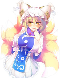 Rule 34 | 1girl, animal ears, blonde hair, blush, breasts, finger in own mouth, fox ears, fox girl, fox tail, hat, highres, huge breasts, multiple tails, naughty face, simple background, solo, tabard, tail, touhou, wildcat (kusonemi), yakumo ran, yellow eyes