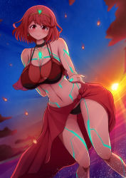 Rule 34 | 1girl, beach, bikini, breasts, glowing lines, highres, large breasts, looking down, navel, nintendo, ponponmaru, pyra (xenoblade), red eyes, red hair, short hair, smile, solo, sunset, swimsuit, xenoblade chronicles (series), xenoblade chronicles 2, xenoblade chronicles (series), xenoblade chronicles 2