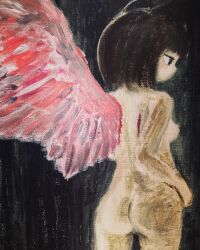 Rule 34 | 1girl, acrylic paint (medium), animal ears, ass, backboob, black background, black eyes, black hair, blood on back, breasts, cat ears, commentary, completely nude, from behind, highres, jogasaki kyouya, medium breasts, nude, original, painting (medium), petite, profile, severed wings, single wing, solo, traditional media, wings