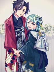 Rule 34 | 1boy, 1girl, :d, absurdres, ace attorney, annoyed, back bow, bead necklace, beads, black kimono, blue eyes, blue hair, blue kimono, blush, bow, floral print, flower, franziska von karma, grey background, grey eyes, grey hair, hair flower, hair intakes, hair ornament, happy, highres, holding hands, jacket, japanese clothes, jewelry, kanzashi, kimono, long sleeves, looking at viewer, miles edgeworth, mole, mole under eye, necklace, obi, open mouth, oshaberi usagi, pants, parted lips, pleated pants, print jacket, print kimono, red jacket, sash, short hair, simple background, smile, striped clothes, striped pants, swept bangs, v-shaped eyebrows, vertical-striped clothes, vertical-striped hakama, vertical-striped pants, white sash, wide sleeves