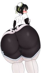 Rule 34 | 1girl, artemista, ass, black hair, blush, bodysuit, bun cover, cameltoe, double bun, embarrassed, fate/grand order, fate (series), from behind, green eyes, highres, huge ass, leaning, leaning forward, looking at viewer, looking back, qin liangyu (fate), short hair, skin tight, solo