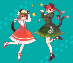 Rule 34 | 2girls, :3, animal ear fluff, animal ears, black bow, black footwear, black ribbon, blue background, blunt bangs, blush, bow, bowtie, braid, brown eyes, brown hair, buttons, cat ears, cat tail, chen, commentary, dress, earrings, extra ears, footwear bow, frilled dress, frills, full body, green dress, green headwear, hair bow, hat, jewelry, kaenbyou rin, kanon (rsl), leg ribbon, long bangs, long hair, long sleeves, looking at viewer, medium bangs, mob cap, multiple girls, multiple hair bows, multiple tails, one eye closed, open mouth, paw pose, paw print, paw print background, pointy ears, red eyes, red hair, red skirt, red vest, ribbon, shirt, short hair, single earring, skirt, skirt set, smile, star (symbol), tail, touhou, twin braids, two tails, vest, white bow, white bowtie, white shirt
