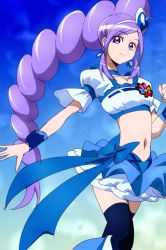 Rule 34 | 00s, 1girl, aono miki, blue background, blue footwear, blue skirt, blue thighhighs, boots, choker, closed mouth, collarbone, cure berry, fresh precure!, frilled skirt, frills, gradient background, hair ornament, heart, heart hair ornament, jewelry, knee boots, long hair, magical girl, midriff, navel, oimanji, ponytail, precure, puffy sleeves, purple eyes, purple hair, ribbon, sketch, skirt, smile, solo, thighhighs, very long hair, white background, wrist cuffs, zettai ryouiki