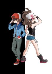 Rule 34 | 1boy, 1girl, antenna hair, bad id, bad twitter id, baggy pants, baseball cap, black footwear, black vest, blue jacket, boots, brown eyes, brown hair, closed mouth, commentary request, creatures (company), frown, game freak, grey pants, hand on headwear, hand up, harota 615, hat, high ponytail, highres, hilbert (pokemon), hilda (pokemon), holding, holding poke ball, jacket, legs apart, long sleeves, nintendo, pants, pants tucked in, poke ball, poke ball (basic), pokemon, pokemon bw, red footwear, red headwear, shirt, short shorts, shorts, sidelocks, sleeveless, sleeveless shirt, standing, two-tone background, vest, white headwear, white shirt, zipper pull tab