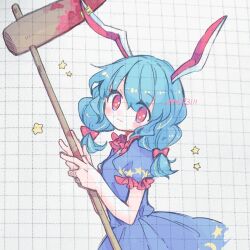 Rule 34 | 1girl, ambiguous red liquid, animal ears, blue dress, blue hair, blush, closed mouth, crescent print, dress, earclip, highres, kine, long hair, m (m073111), mallet, open mouth, rabbit ears, red eyes, seiran (touhou), short sleeves, solo, star (symbol), star print, touhou, twitter username, upper body