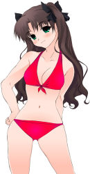 Rule 34 | 00s, 1girl, bikini, bow, brown hair, face, fate/stay night, fate (series), green eyes, hair bow, hand on own hip, head tilt, long hair, navel, official alternate costume, red bikini, smile, smirk, solo, swimsuit, tohsaka rin, two side up, yamaguchi homupe